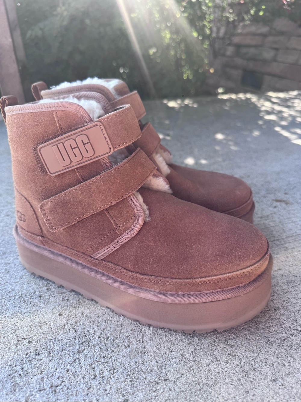 UGG Chestnut Suede Shearling Strap Platform Boots